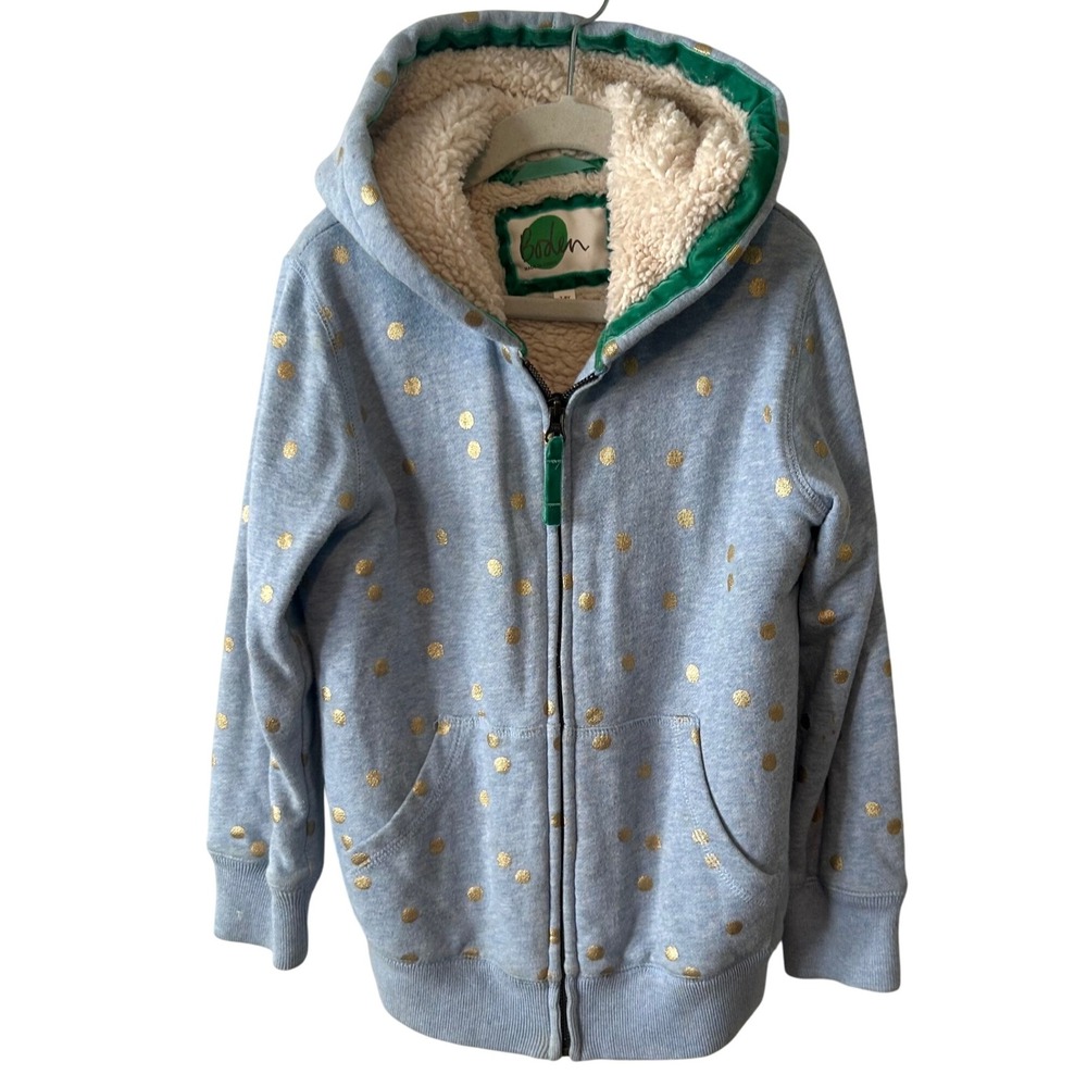 Mini Boden‎ Kid's Light Blue and Gold Polka Dot Fleece Hoodie in Size 7-8 Years
